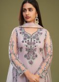 Purple Pant Style Suit in Net with Embroidered - 2