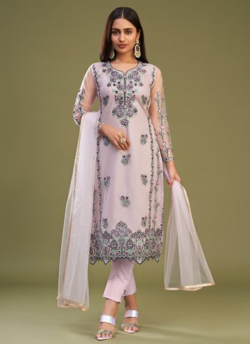 Purple Pant Style Suit in Net with Embroidered