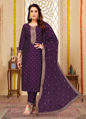 Purple Pant Style Suit in Silk with Embroidered