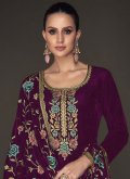 Purple Pant Style Suit in Velvet with Embroidered - 1