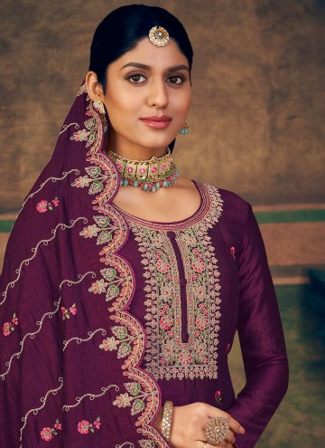Purple Pure Silk Cord Straight Salwar Kameez for Engagement