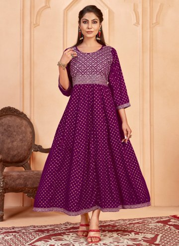 Purple Rayon Embroidered Gown for Ceremonial