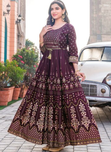 Purple Rayon Embroidered Readymade Designer Gown for Festival