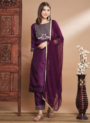 Purple Silk Blend Embroidered Salwar Suit for Fest