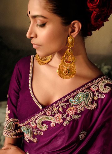 Purple Silk Embroidered Classic Designer Saree for Ceremonial