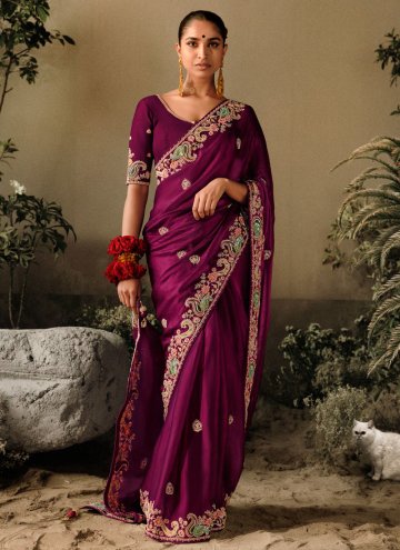 Purple Silk Embroidered Classic Designer Saree for Ceremonial