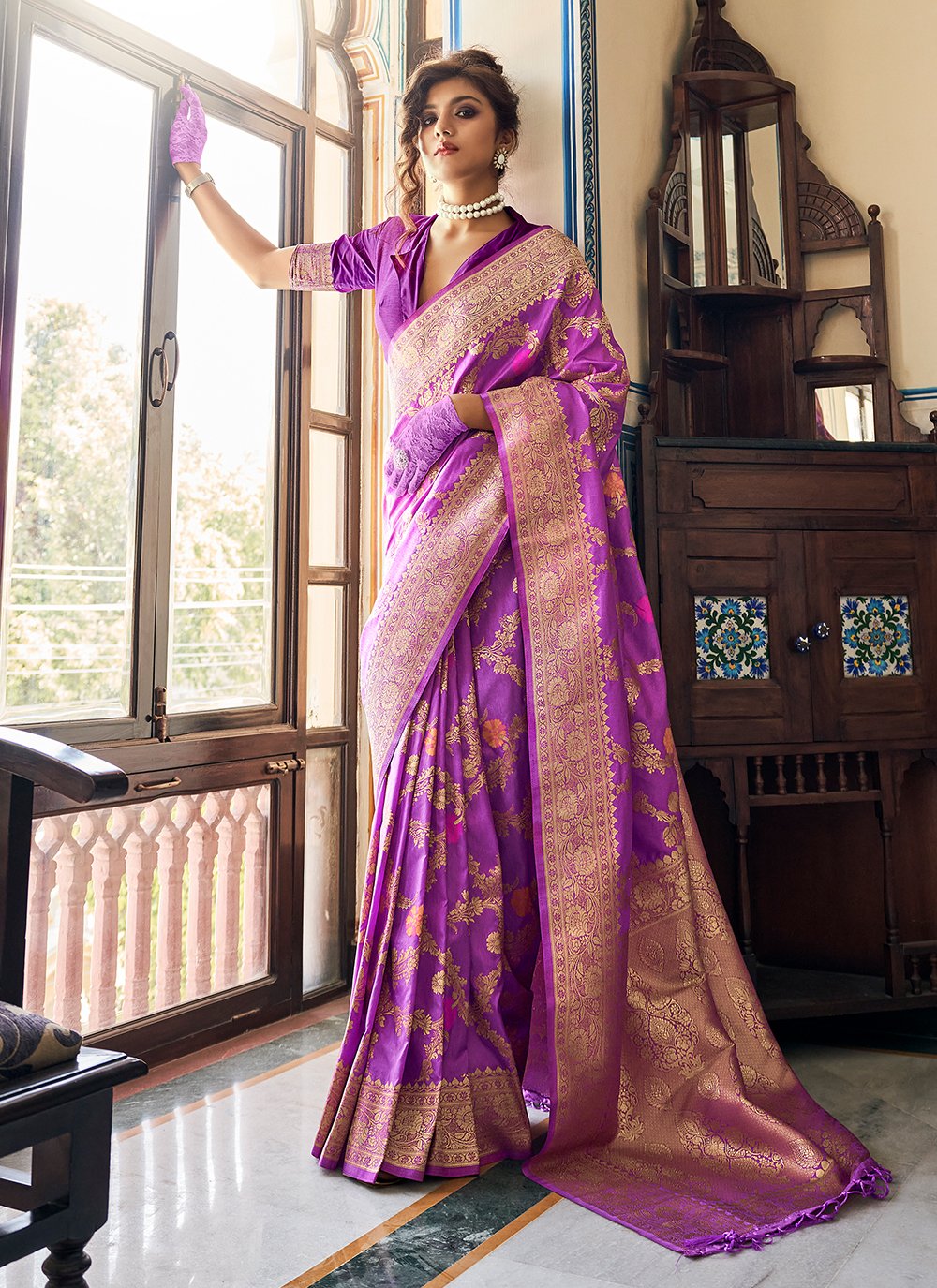 Purple Silk Woven Classic Designer Saree for Ceremonial