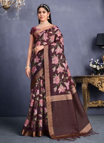 Purple Traditional Saree in Tussar Silk with Embroidered