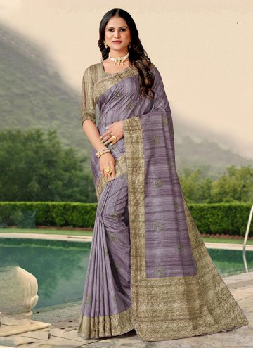 Purple Tussar Silk Katha Trendy Saree