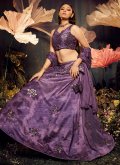 Purple Velvet Embroidered A Line Lehenga Choli for Engagement - 2