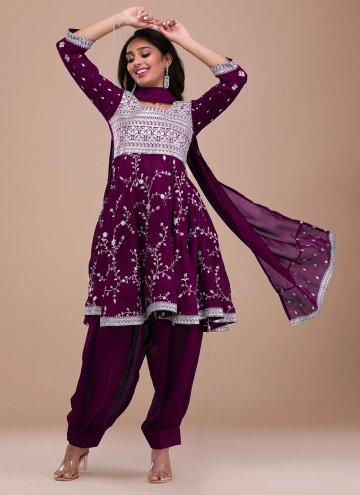 Purple Vichitra Silk Embroidered Salwar Suit for C