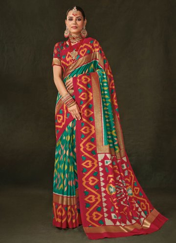 Rama and Red color Foil Print Silk Classic Designer Saree