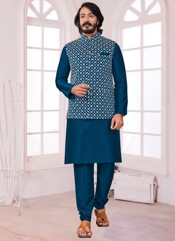 Rama color Art Silk Kurta Payjama With Jacket with Mirror Work