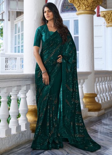 Rama color Georgette Designer Saree with Embroidered