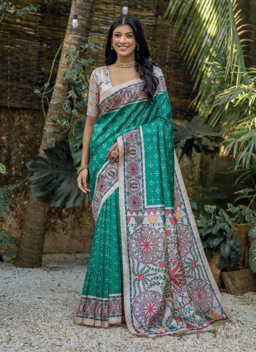 Rama color Tussar Silk Designer Saree with Woven