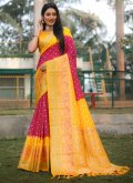 Rani and Yellow Bandhani Saree in Kanjivaram Silk with Woven - 3