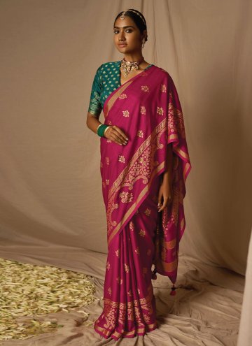 Rani color Brasso Trendy Saree with Woven