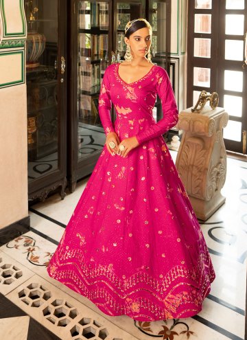 Rani color Cotton  Gown with Embroidered