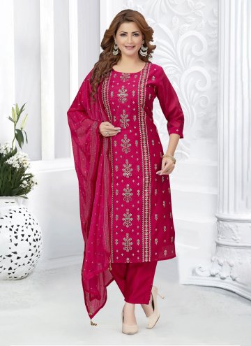Rani color Embroidered Chanderi Silk Pant Style Suit