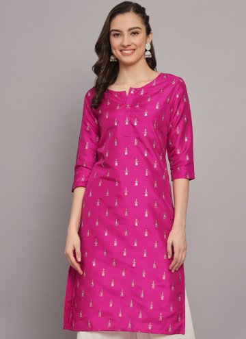 Rani color Poly Silk Party Wear Kurti with Foil Print