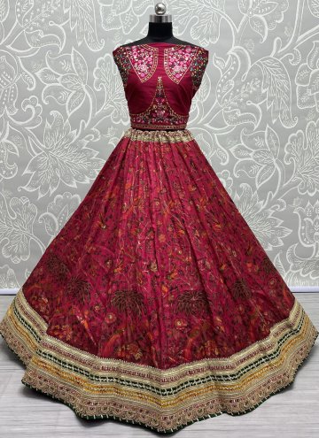 Rani color Pure Silk A Line Lehenga Choli with Embroidered