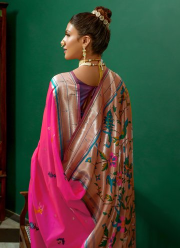 Rani color Woven Silk Trendy Saree