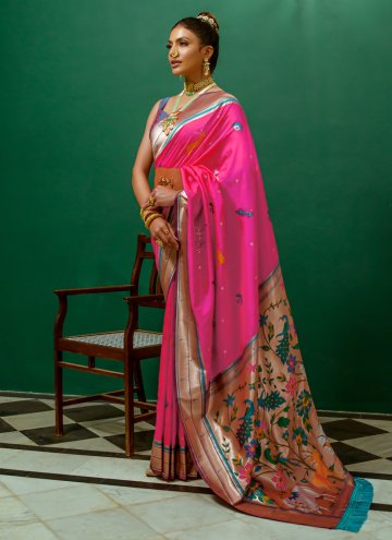 Rani color Woven Silk Trendy Saree