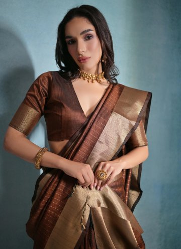Raw Silk Classic Designer Saree in Brown Enhanced with Woven