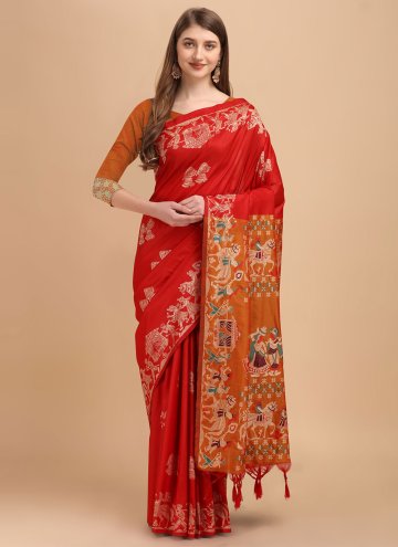 Raw Silk Contemporary Saree in Red Enhanced with W