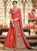 Raw Silk Trendy Saree in Orange and Pink Enhanced with Embroidered - 2