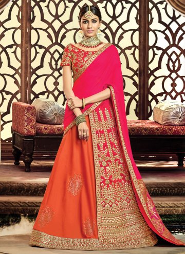 Raw Silk Trendy Saree in Orange and Pink Enhanced with Embroidered