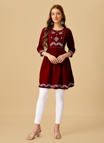 Rayon Casual Kurti in Maroon Enhanced with Embroid
