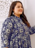 Rayon Casual Kurti in Navy Blue and Off White Enhanced with Buttons - 1