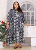 Rayon Casual Kurti in Navy Blue and Off White Enhanced with Buttons - 2