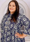 Rayon Casual Kurti in Navy Blue and Off White Enhanced with Buttons - 3