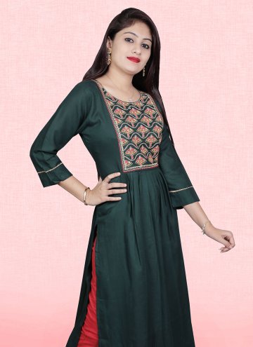 Rayon Designer Kurti in Green Enhanced with Embroidered
