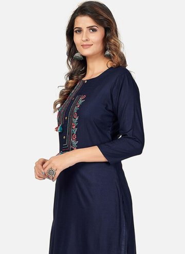 Rayon Designer Kurti in Navy Blue Enhanced with Embroidered