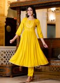 Rayon Designer Kurti in Yellow Enhanced with Embroidered - 3