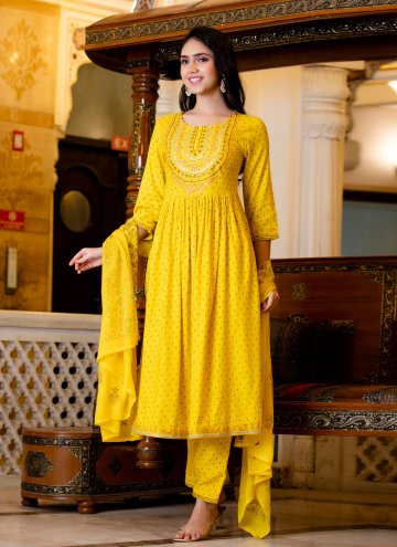Rayon Designer Kurti in Yellow Enhanced with Embroidered