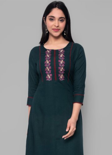 Rayon Floor Length Kurti in Teal Enhanced with Embroidered