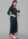 Rayon Floor Length Kurti in Teal Enhanced with Embroidered - 2