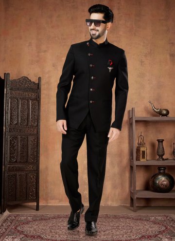 Rayon Jodhpuri Suit in Black Enhanced with Buttons