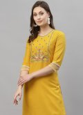 Rayon Party Wear Kurti in Mustard Enhanced with Embroidered - 1