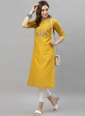 Rayon Party Wear Kurti in Mustard Enhanced with Embroidered