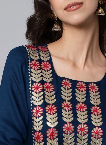 Rayon Party Wear Kurti in Navy Blue Enhanced with Embroidered
