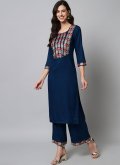 Rayon Party Wear Kurti in Navy Blue Enhanced with Embroidered - 2