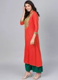 Rayon Party Wear Kurti in Red Enhanced with Embroidered - 2