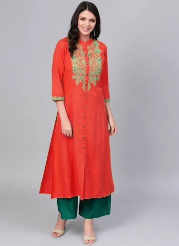Rayon Party Wear Kurti in Red Enhanced with Embroidered
