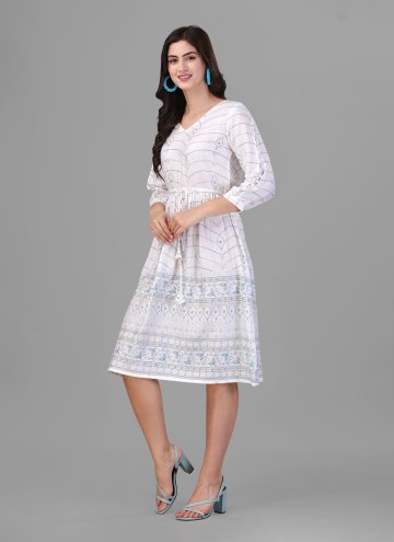Rayon Party Wear Kurti in White Enhanced with Foil Print