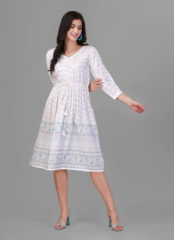 Rayon Party Wear Kurti in White Enhanced with Foil